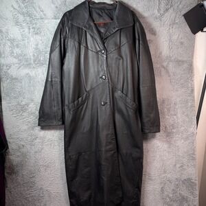 General Clothing Company Ltd Womens Black Genuine Leather Trench Coat Duster L